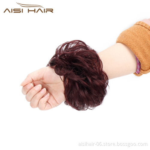Aisi Hair Brazilian Human Hair Curly Wine Red Chignon Bun Elastic Rope Rubber Band Hairpiece Clip In Extension For Black Women